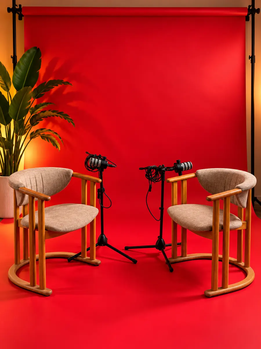 Deux fauteuils et deux micros devant un fond rouge : installation pour une interview ou un film d'entreprise