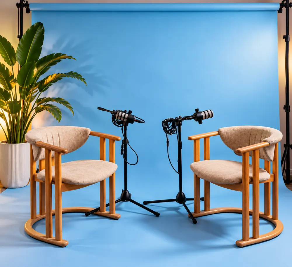 Installation de tournage avec fauteuils et micros, que nous déplaçons chez vous ou sur le lieu du projet